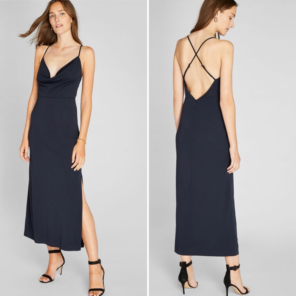 NWT Club Monaco Cowl Neck Maxi Dress Navy Blue Low Back Size Small - Picture 1 of 14